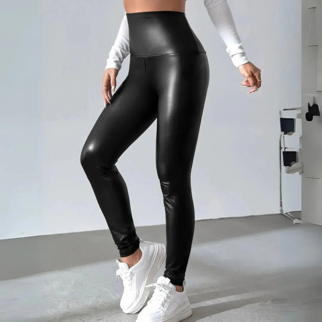 Fleece-Lined Leather Leggings in Violet-MODAUTLET