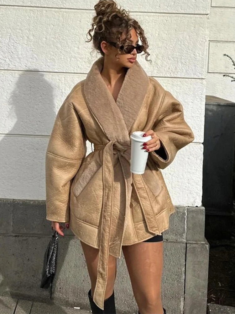 Warm Lambswool Leather Jacket For Women Fur Lined Winter
