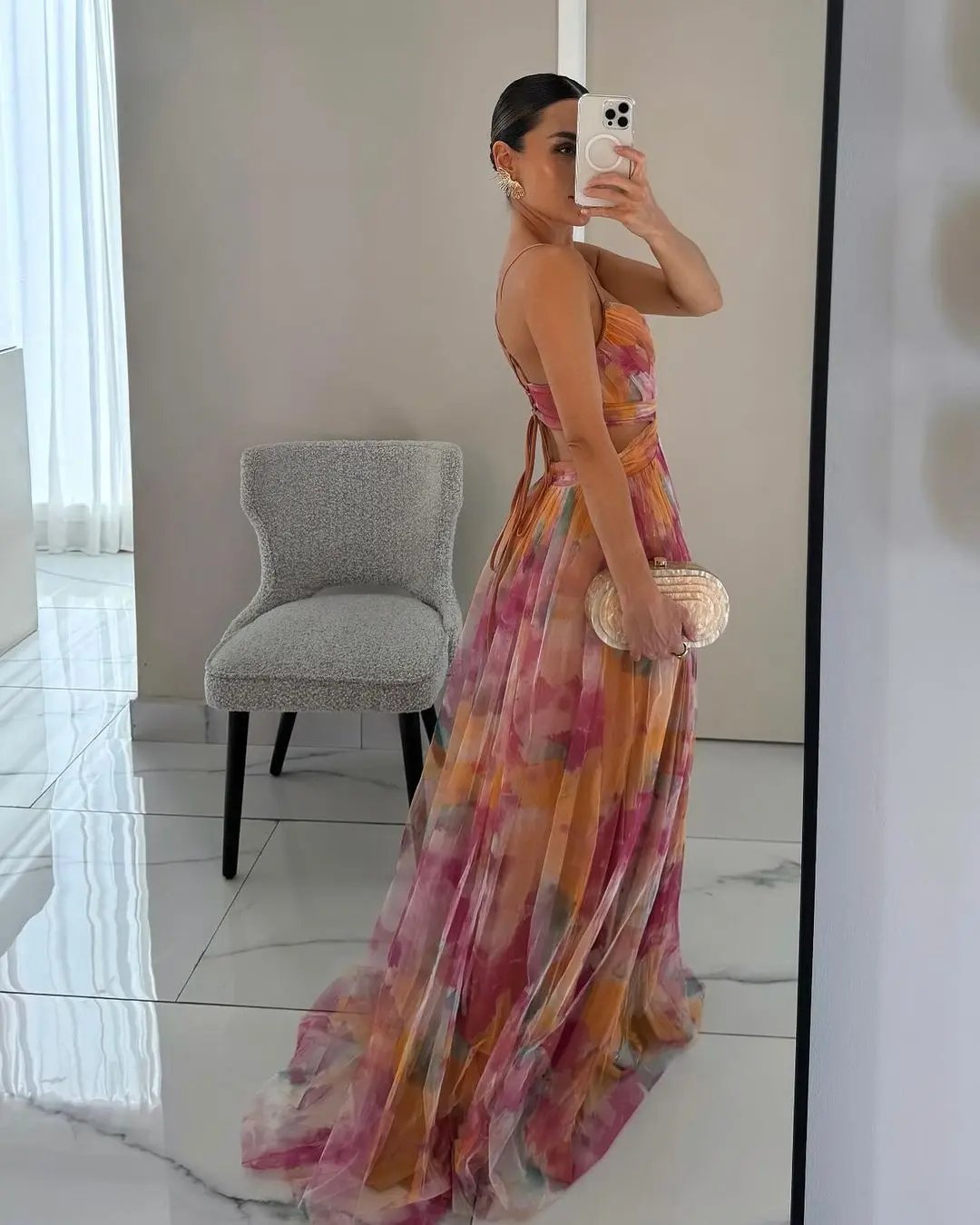 Women's Elegant Watercolor Print Maxi Dress