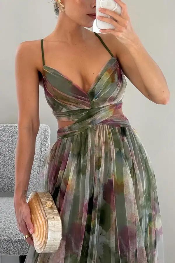 Women's Elegant Watercolor Print Maxi Dress