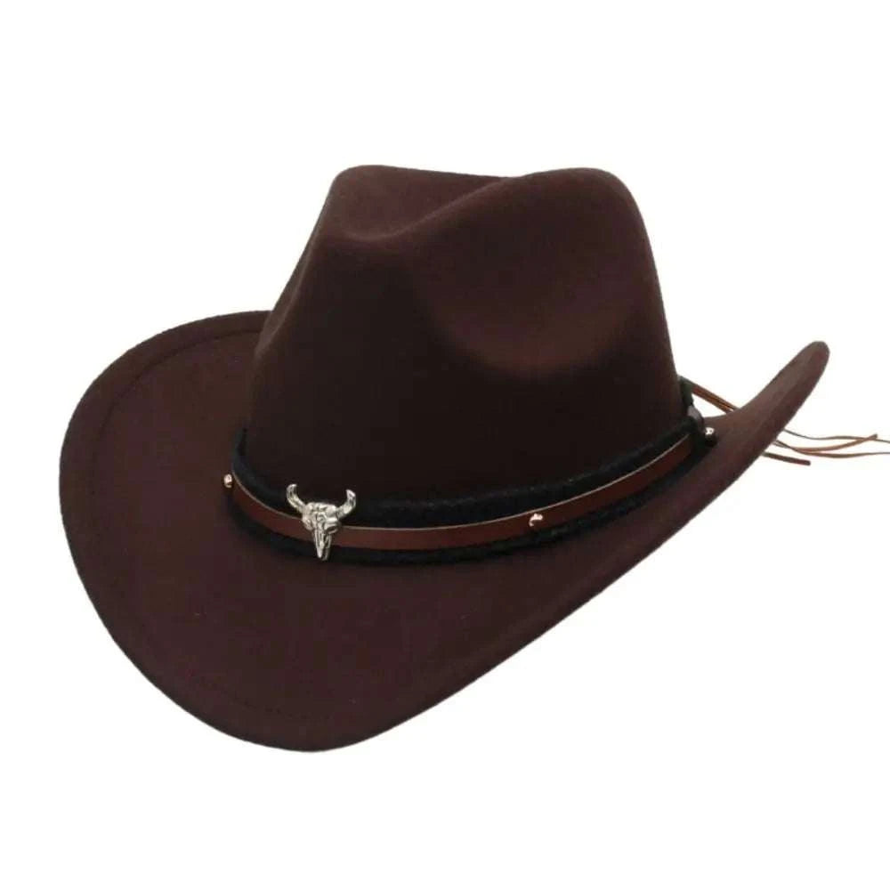 Western Cowboy Hat – Jazz Knight Felt Hat with Bull Décor Coffee