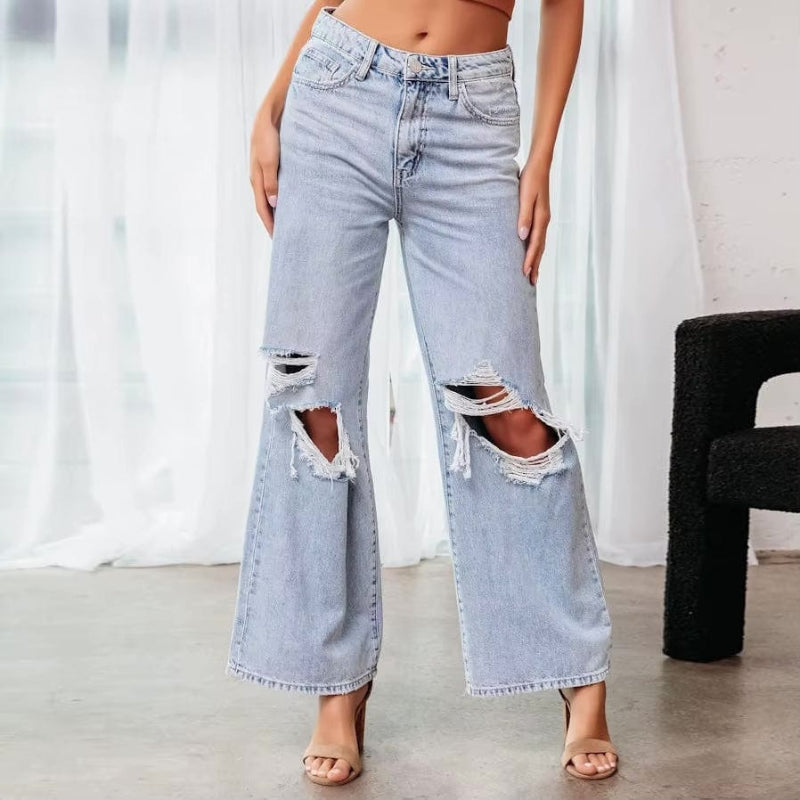 Women's Ripped Wide Leg Jeans-MODAUTLET