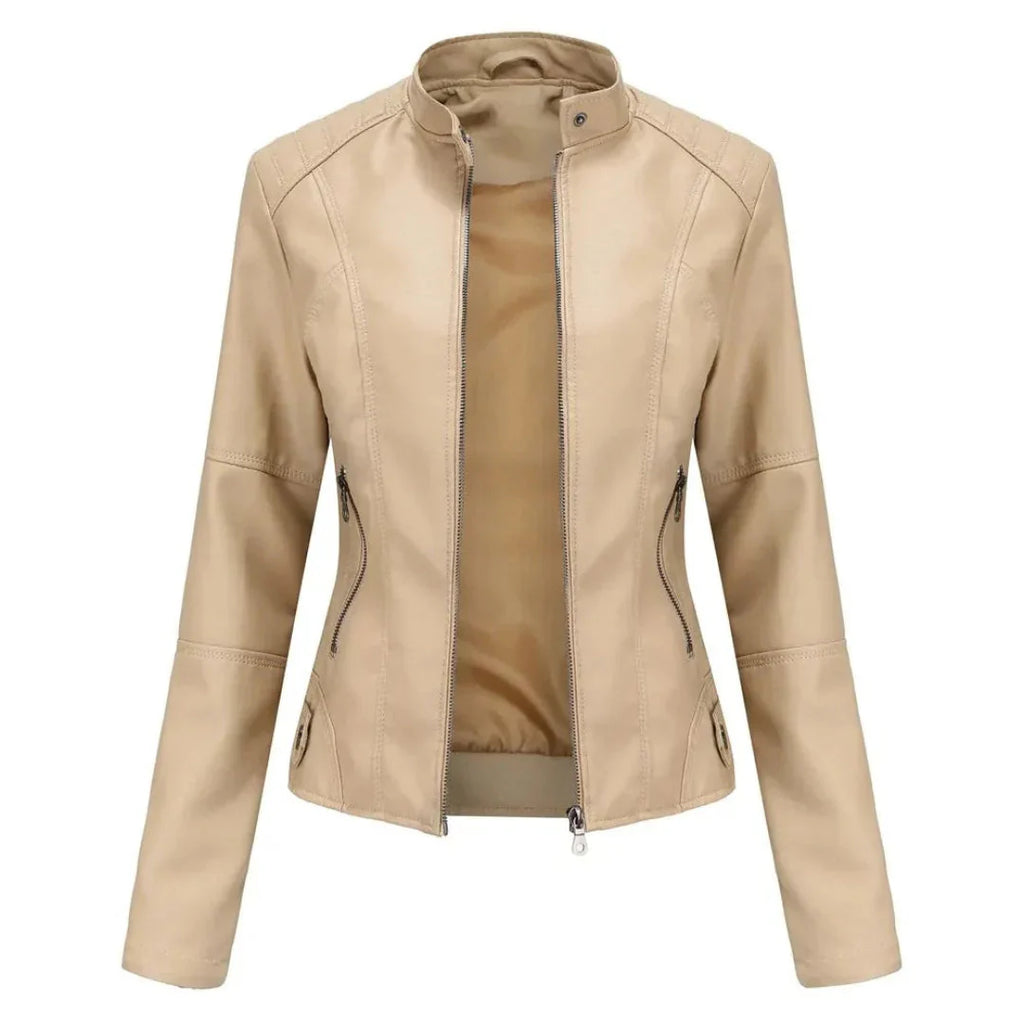 Mandarin Collar Leather Jacket Apricot