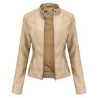 Mandarin Collar Leather Jacket Apricot