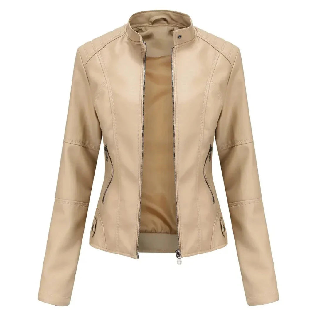 Mandarin Collar Leather Jacket Apricot