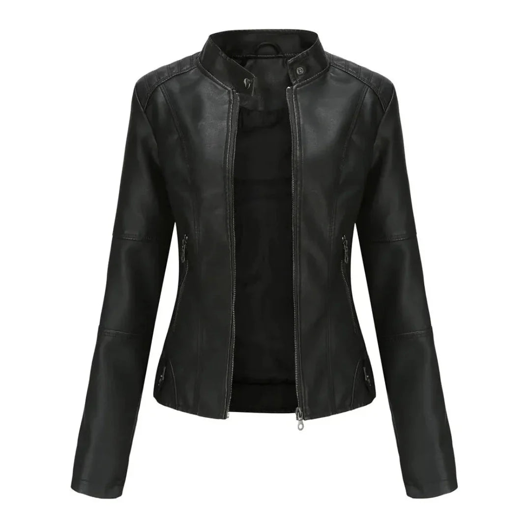 Mandarin Collar Leather Jacket Black