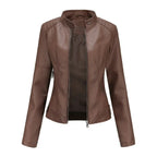 Mandarin Collar Leather Jacket Coffee