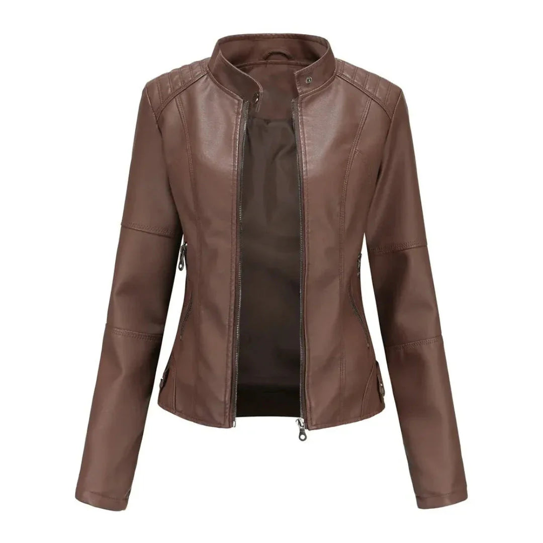 Mandarin Collar Leather Jacket Coffee
