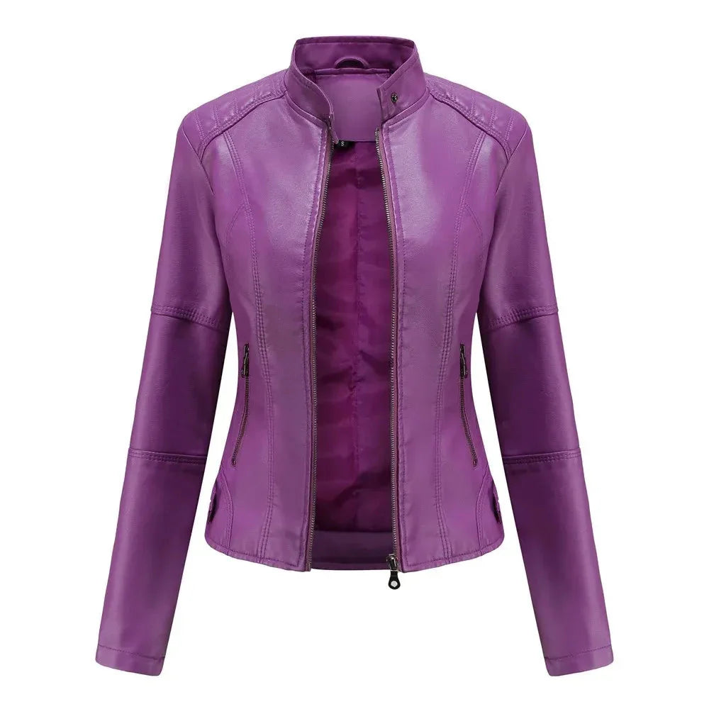 Mandarin Collar Leather Jacket Violet