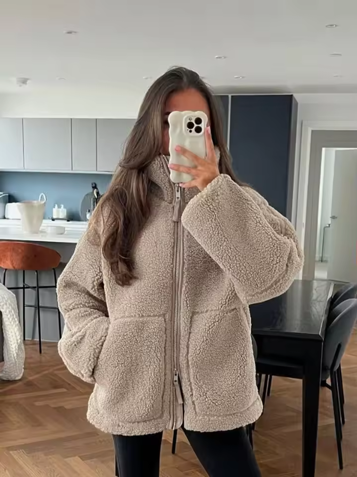 Women Cozy Teddy Fleece Jacket For Warm Comfort Winter Coffee