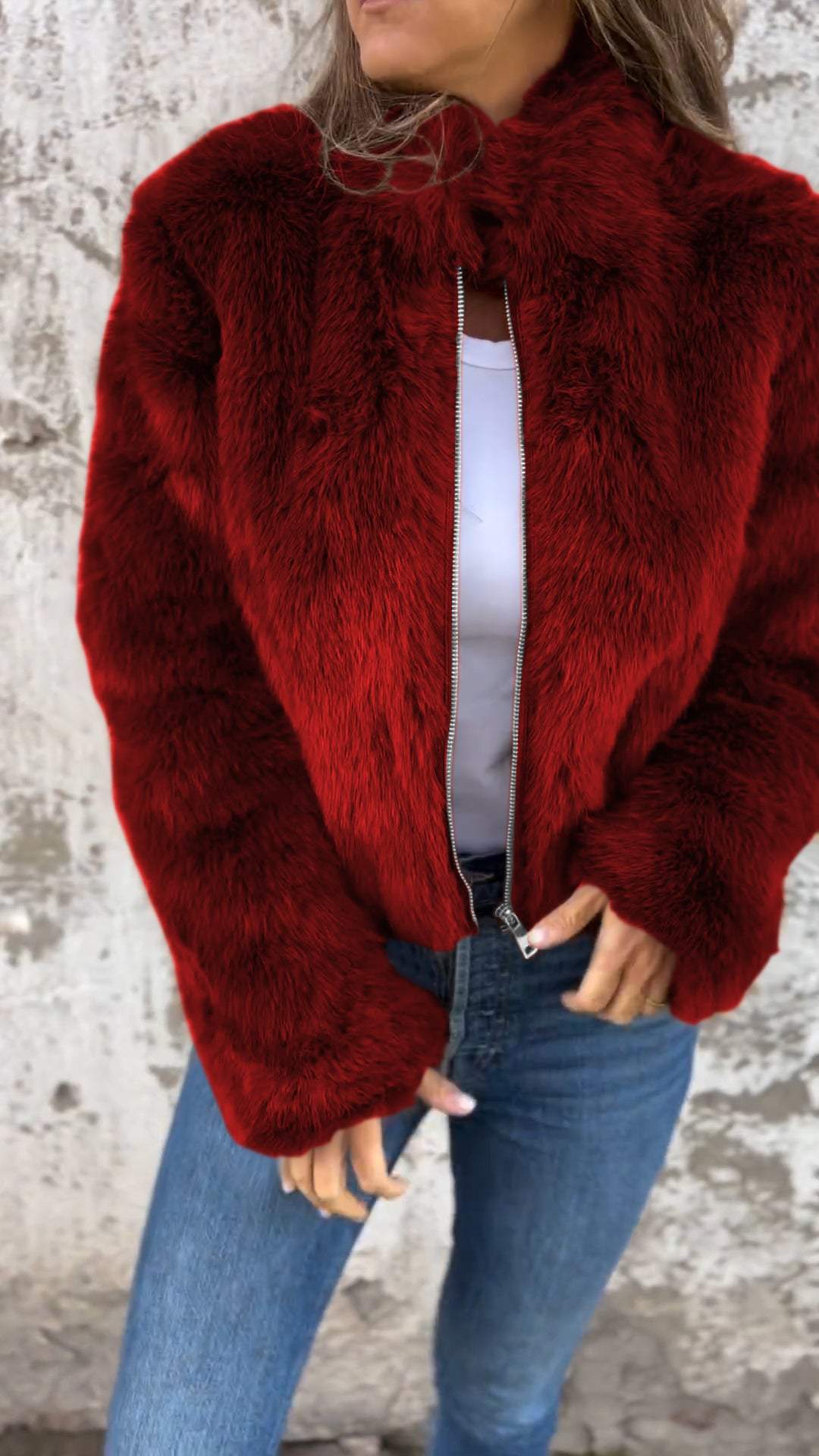 Women Faux Fur Jacket Red