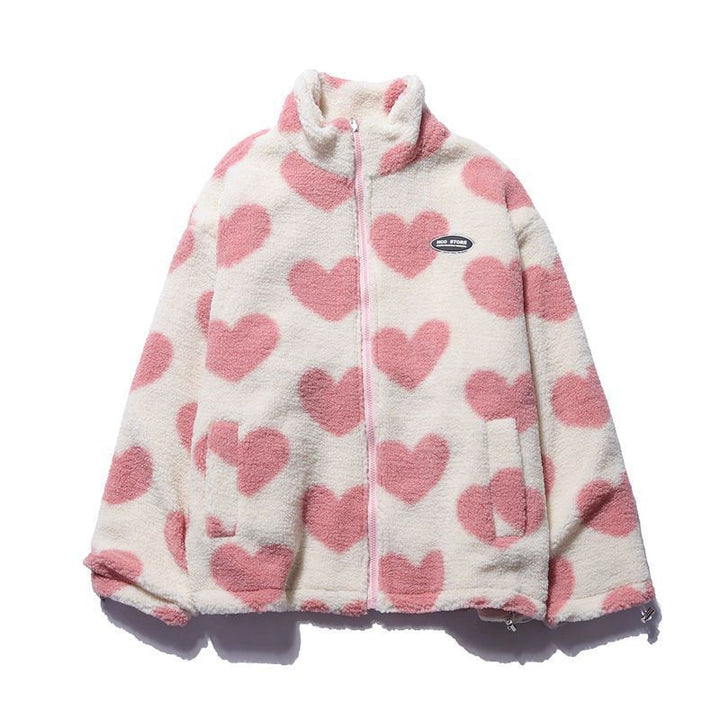 Women Fleece Jacket Heart Design Cozy Warm Winter Wear