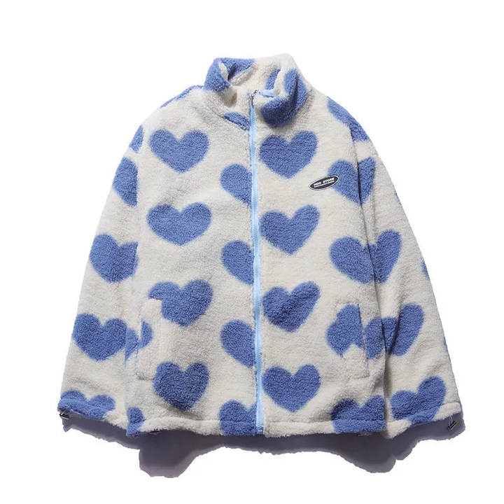 Women Fleece Jacket Heart Design Cozy Warm Winter Wear