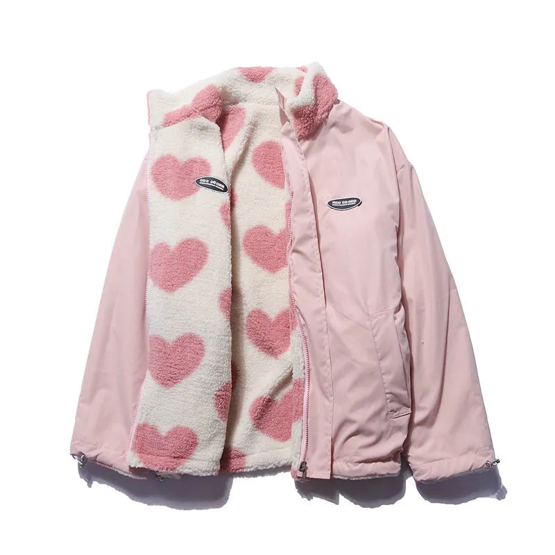 Women Fleece Jacket Heart Design Cozy Warm Winter Wear Pink