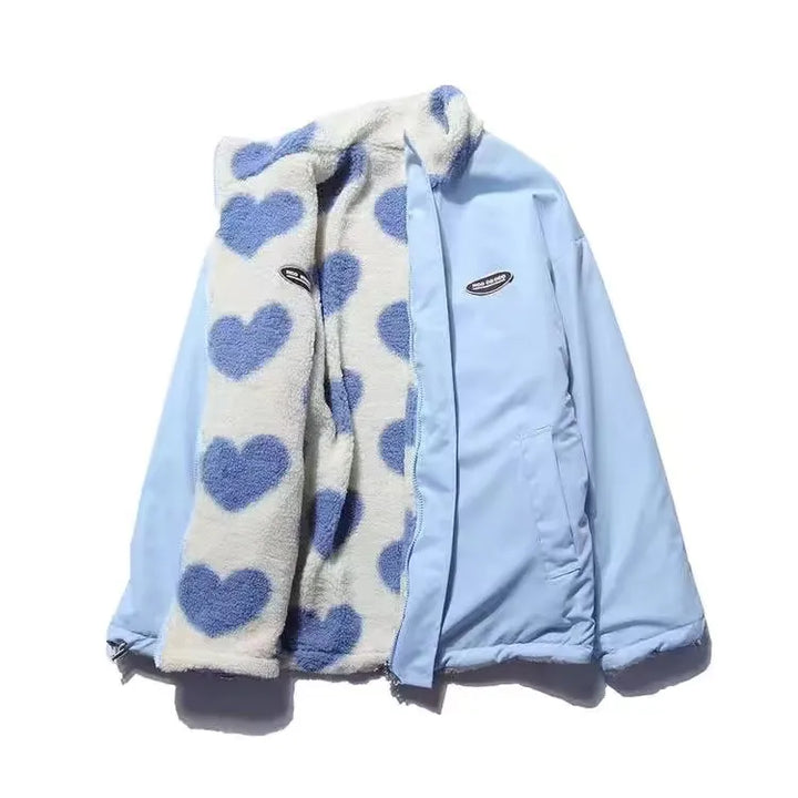 Women Fleece Jacket Heart Design Cozy Warm Winter Wear Blue