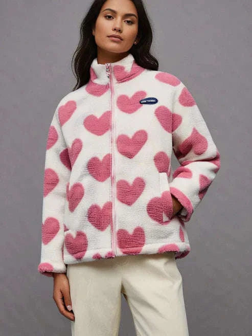 Women Fleece Jacket Heart Design Cozy Warm Winter Wear