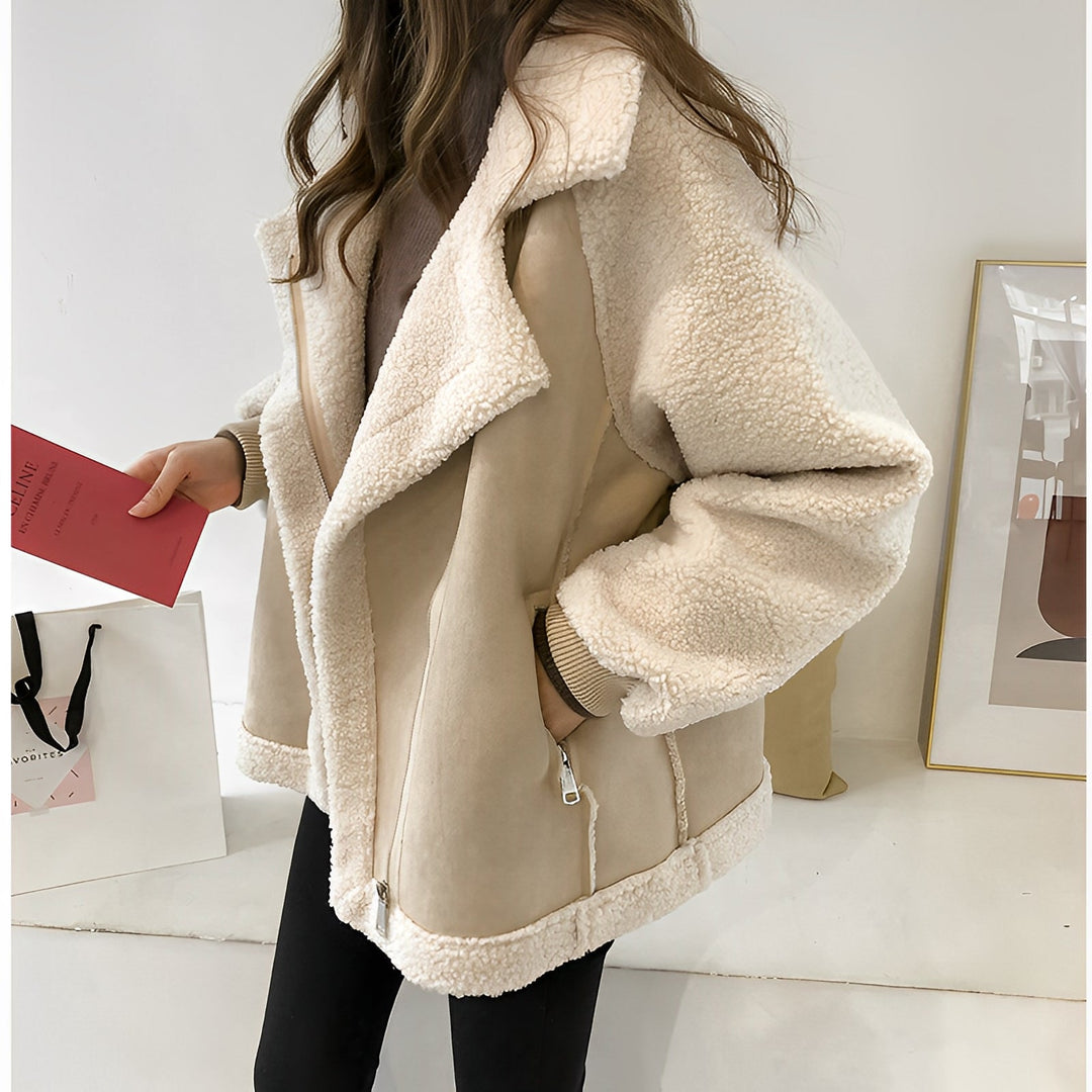 Women Lambskin Moto Jacket Short Cropped Pockets Premium Beige