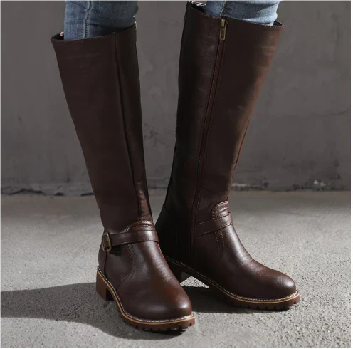 Women Leather Knee High Boots Dark Brown
