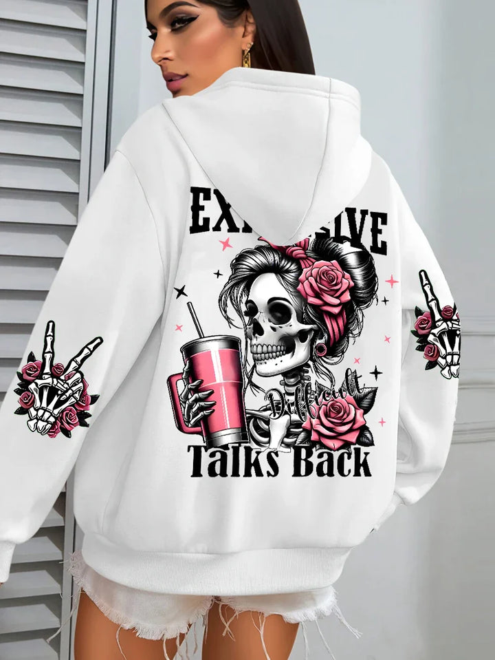 Women Oversized Hoodie Graphic Expensive Talks Back Print White