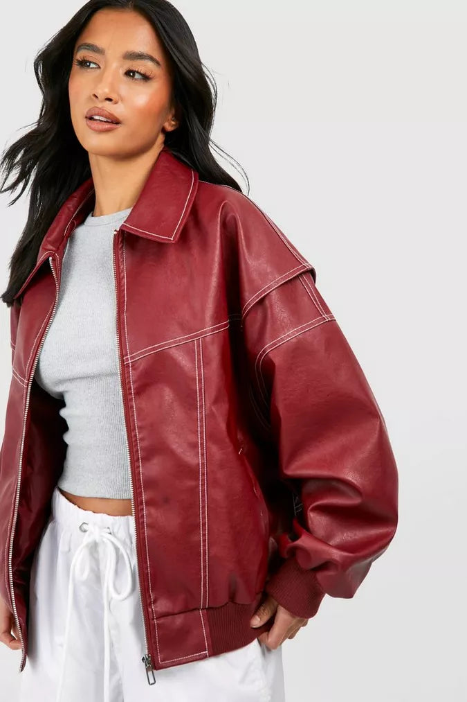 Women Oversized Leather Jacket Red Statement Piece Chic Red