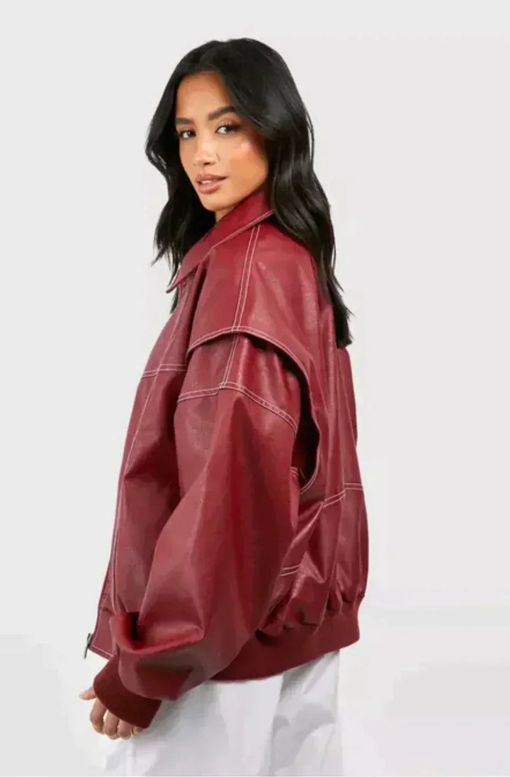 Women Oversized Leather Jacket Red Statement Piece Chic