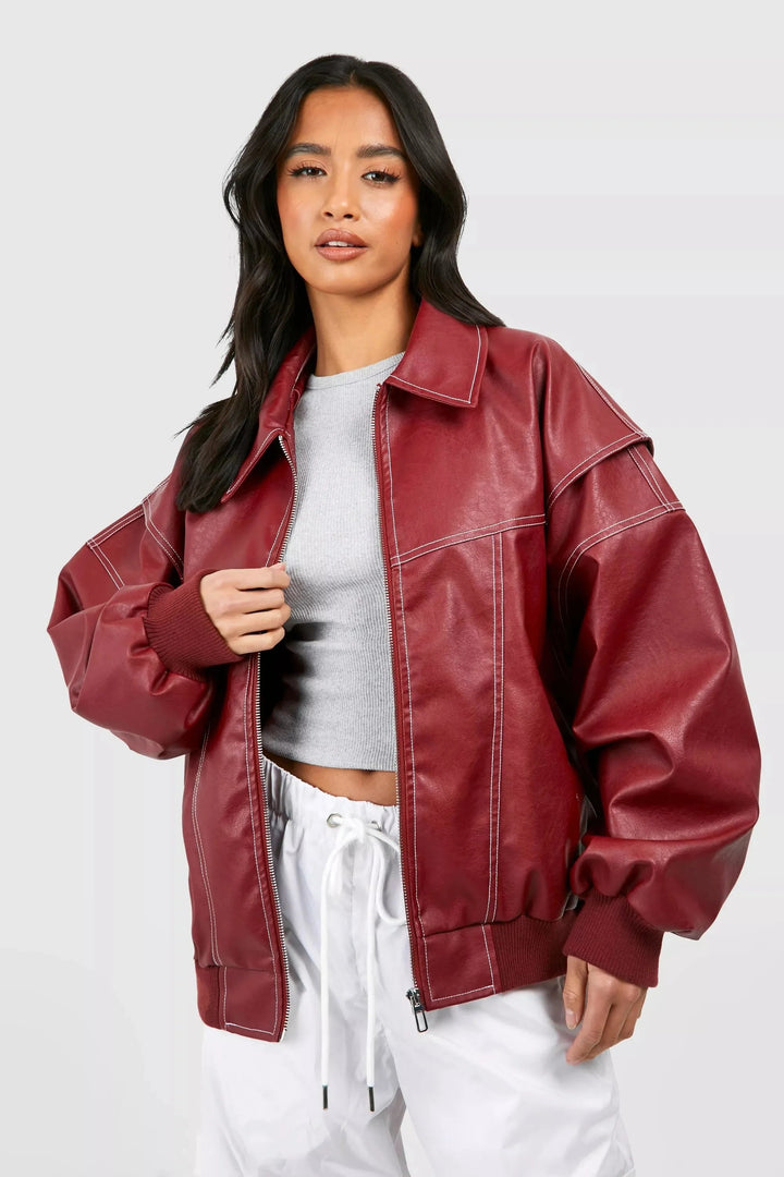 Women Oversized Leather Jacket Red Statement Piece Chic