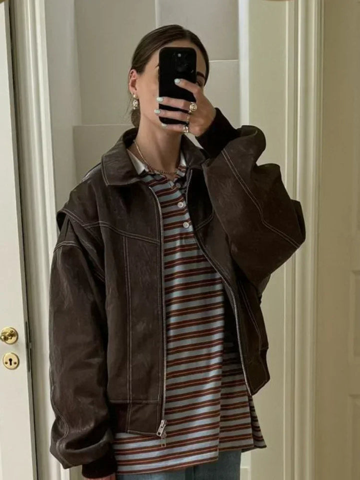 Women Oversized Leather Jacket Red Statement Piece Chic
