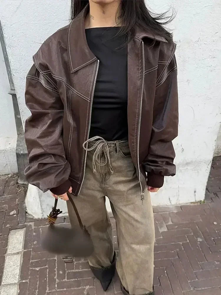 Women Oversized Leather Jacket Red Statement Piece Chic Coffee