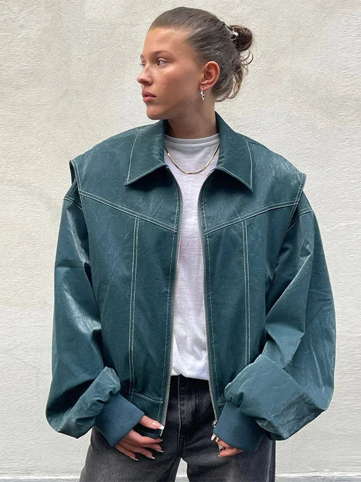 Women Oversized Leather Jacket Red Statement Piece Chic Green