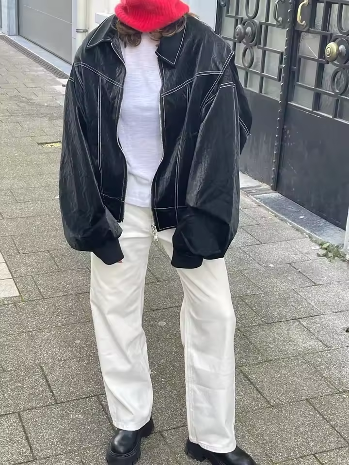 Women Oversized Leather Jacket Red Statement Piece Chic Black