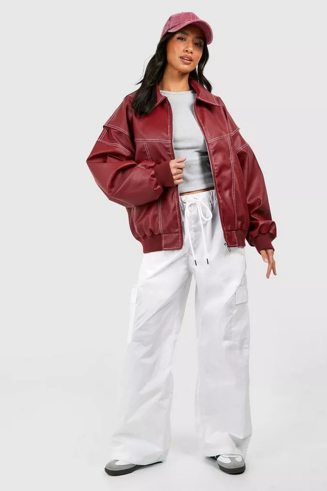 Women Oversized Leather Jacket Red Statement Piece Chic