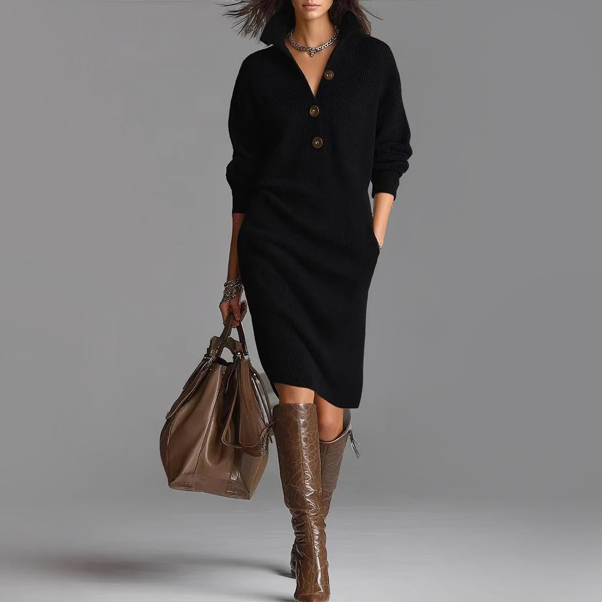 Women's Slim Fit Ribbed Midi Sweater Dress – Cozy & Stylish Black