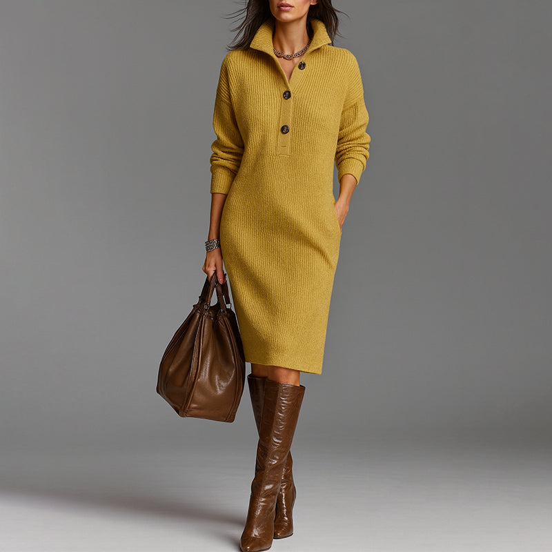 Women's Slim Fit Ribbed Midi Sweater Dress – Cozy & Stylish Yellow