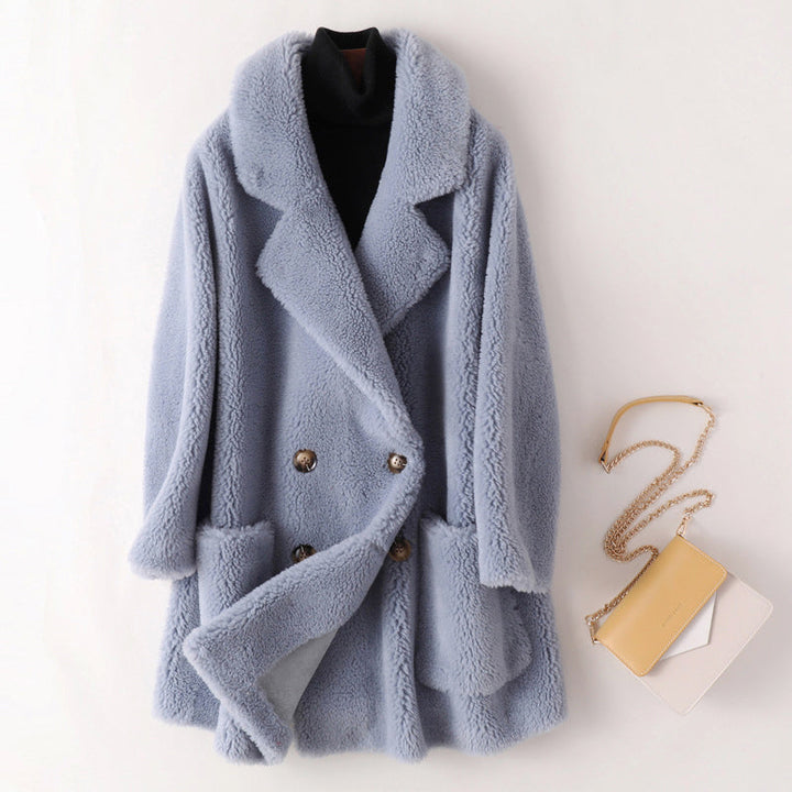 Manteau d’extérieur pour femme en imitation peau lainée à double boutonnage