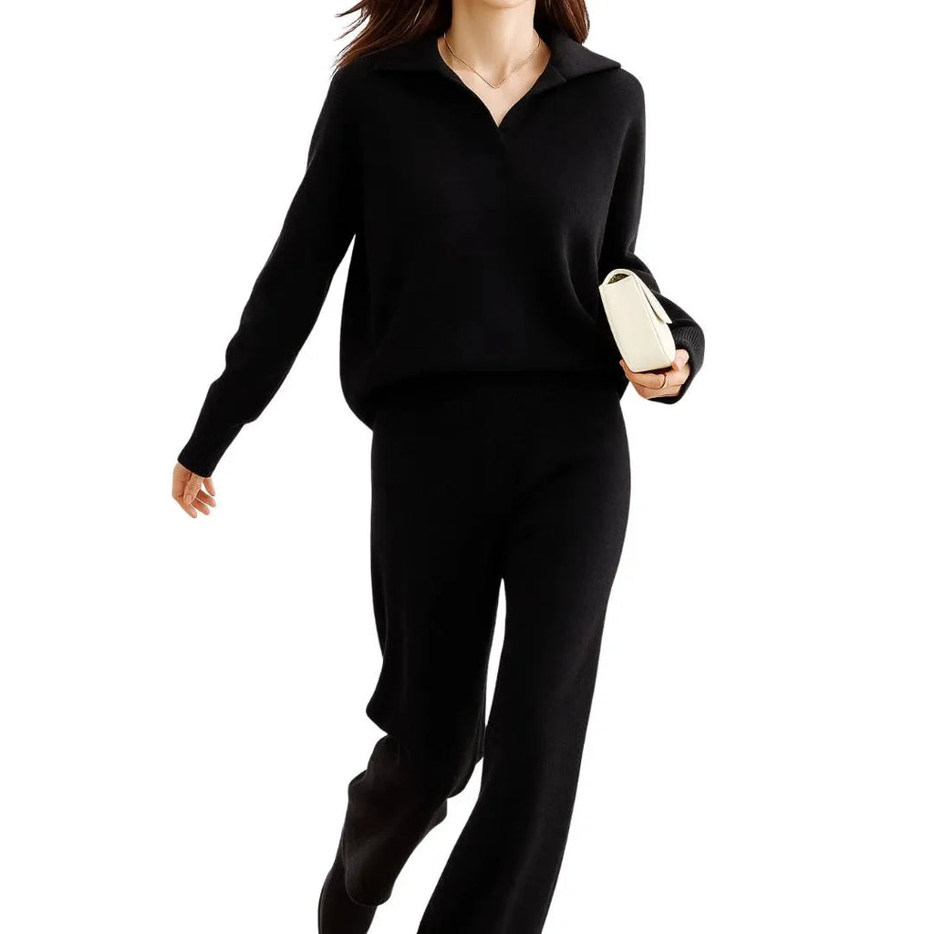 Cashmere-Blend Sweater and Pants Set for Women Black One size