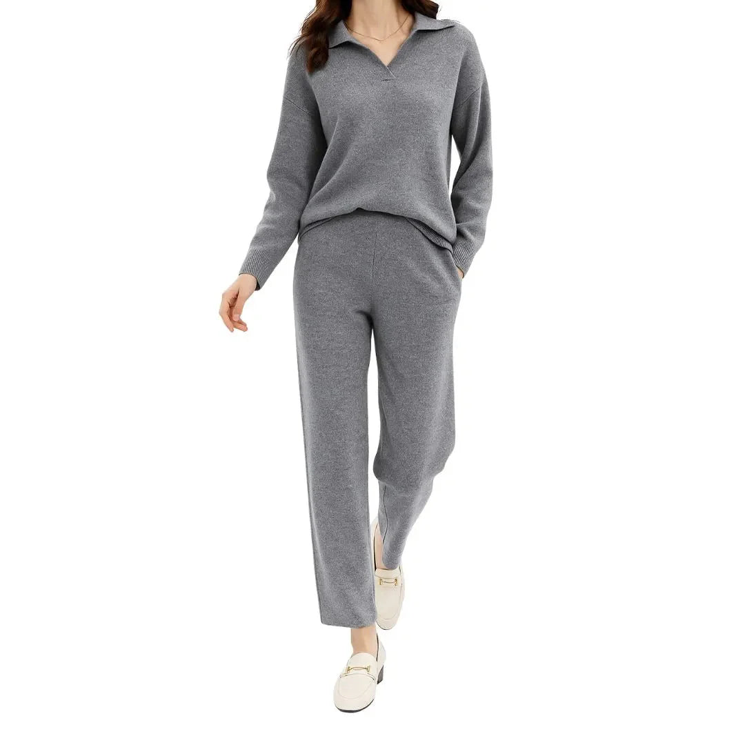 Cashmere-Blend Sweater and Pants Set for Women Gray One size