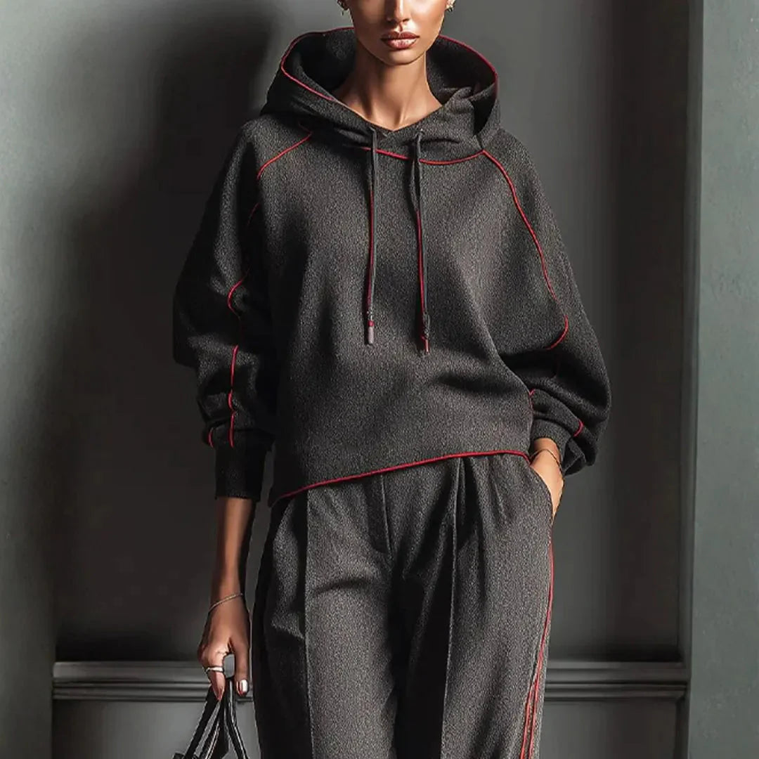 Charcoal Red Contrast Bind Hoodie for Women-MODAUTLET