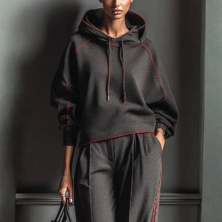Charcoal Red Contrast Bind Hoodie for Women-MODAUTLET