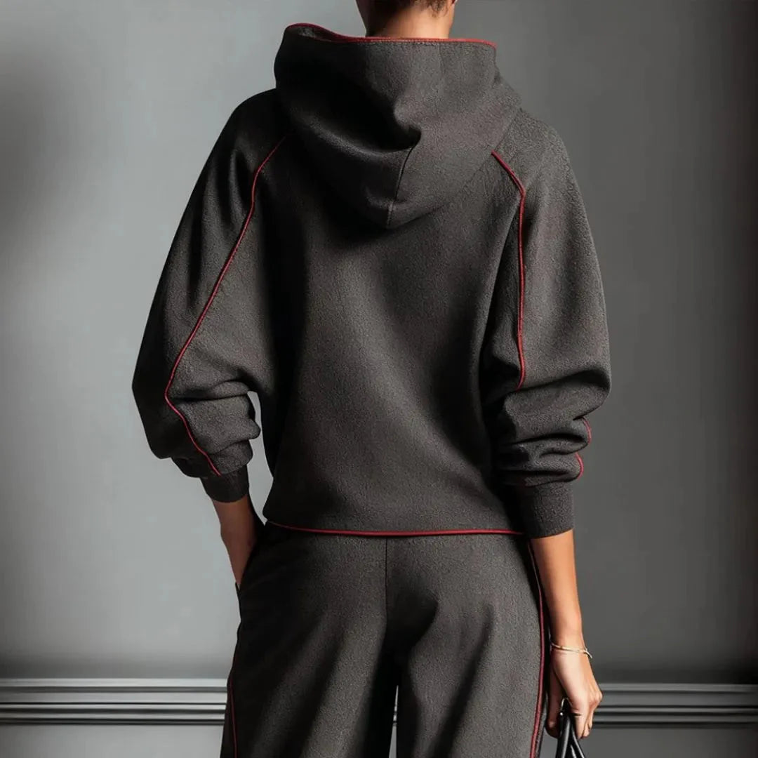 Charcoal Red Contrast Bind Hoodie for Women-MODAUTLET