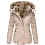 Faux-Fur Hooded Padded Coat for Women Beige