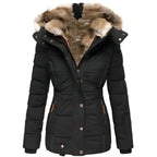Faux-Fur Hooded Padded Coat for Women Black
