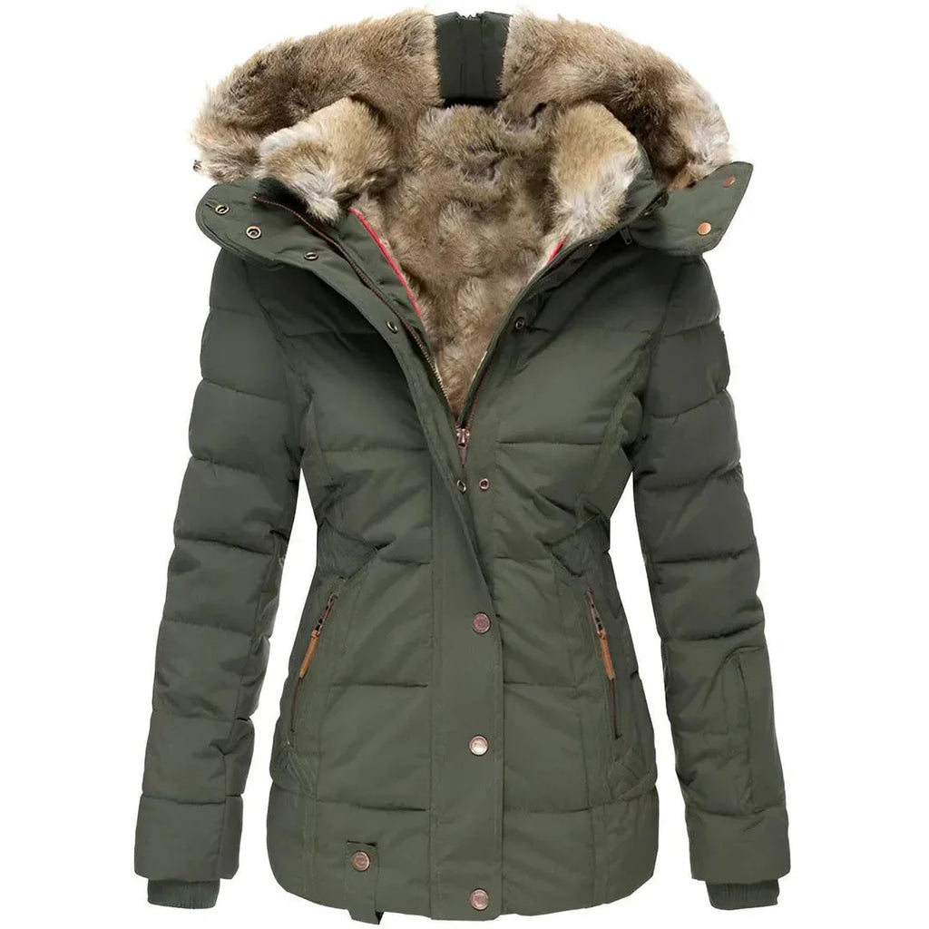 Faux-Fur Hooded Padded Coat for Women Green
