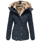 Faux-Fur Hooded Padded Coat for Women Navy Blue