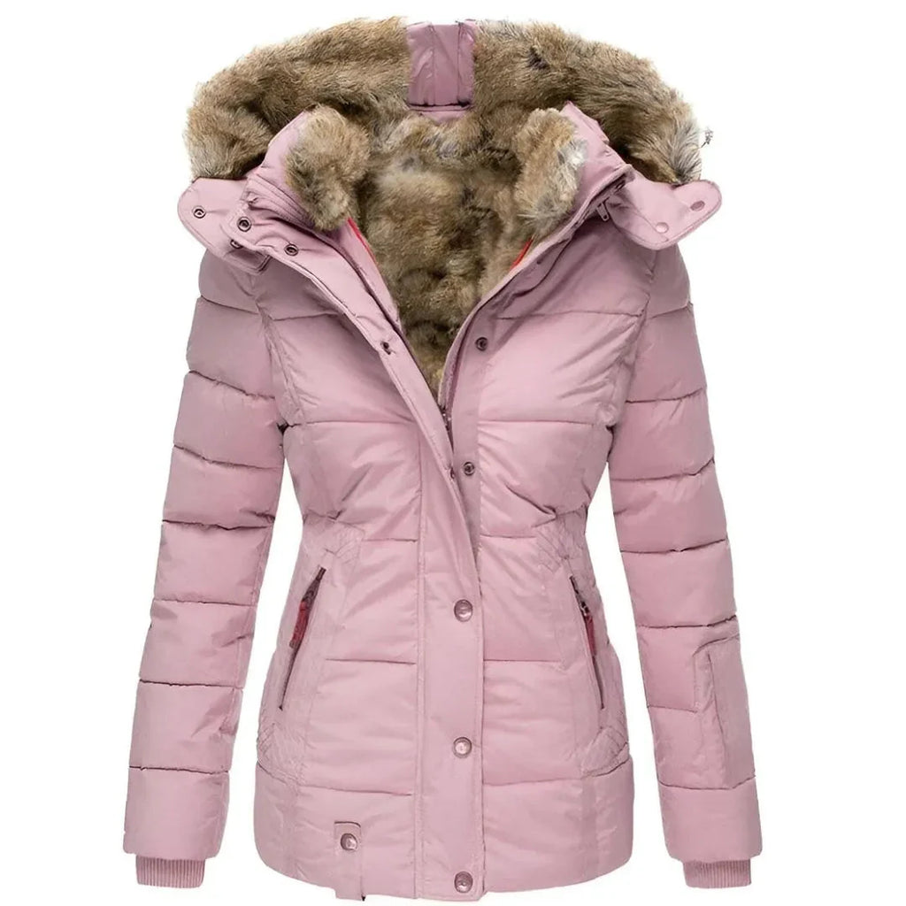 Faux-Fur Hooded Padded Coat for Women Pink