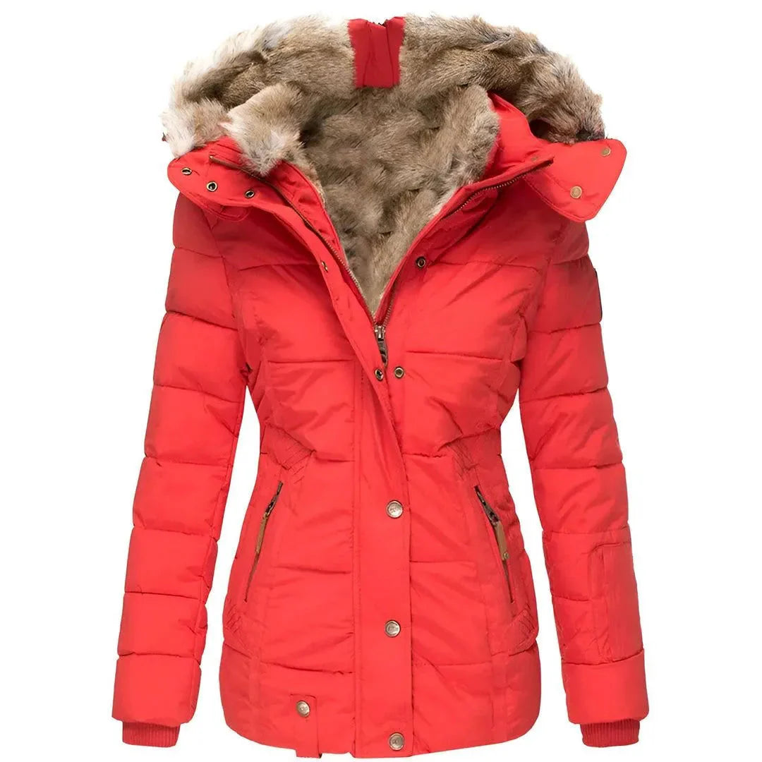 Faux-Fur Hooded Padded Coat for Women Red