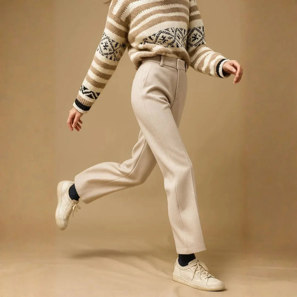 High-Waist Wool Straight-Leg Trousers for Women Beige