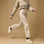 High-Waist Wool Straight-Leg Trousers for Women Beige