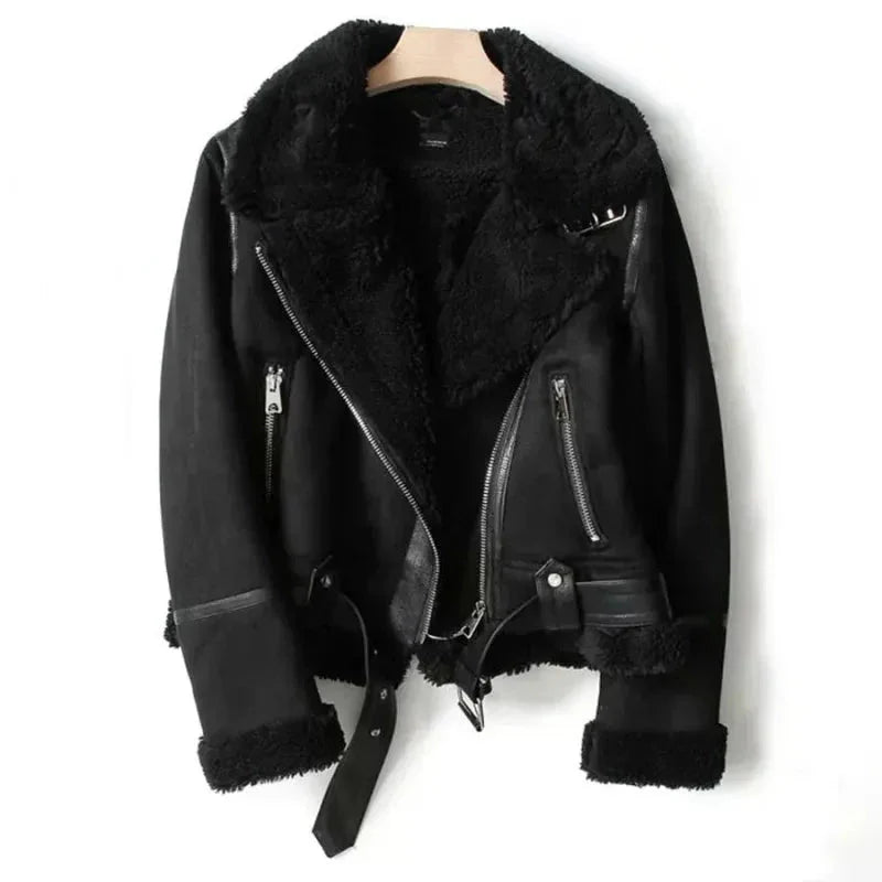 Women's Leather Sherpa Coat Black