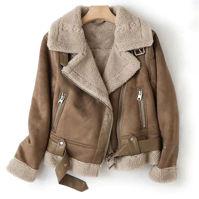 Women's Leather Sherpa Coat Brown