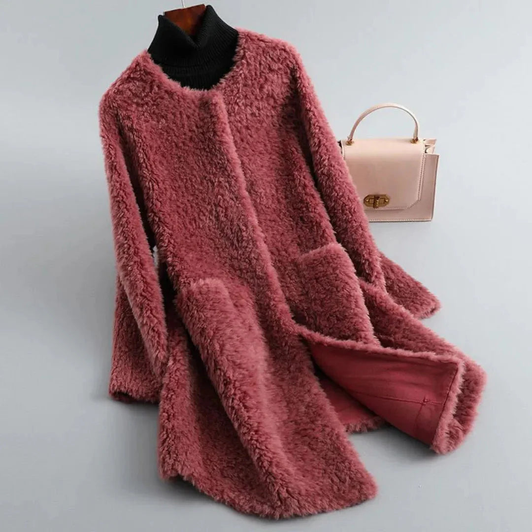 Shearling Fur Coat for Women Crimson Red